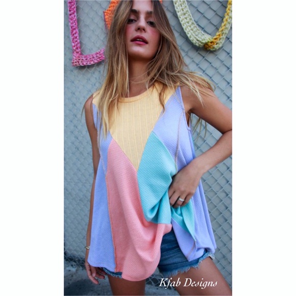 ❤️LAST! Multi Color Soft Color Block Waffle Knit Out-Seam Overlock Top! - Picture 4 of 8